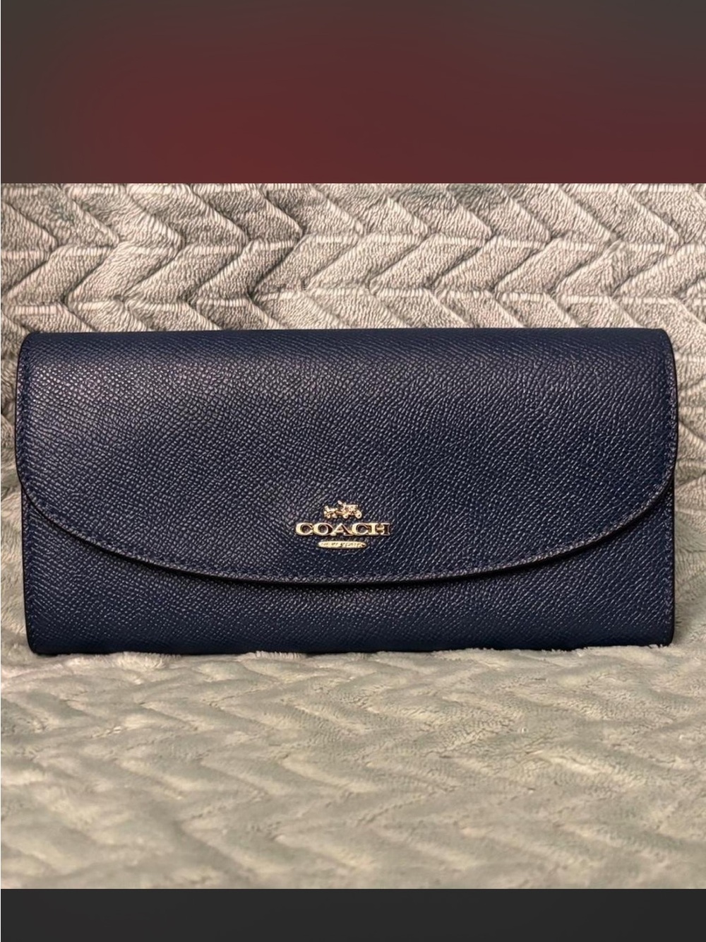 Coach Navy Saffiano Leather Continental Wallet w red floral interior